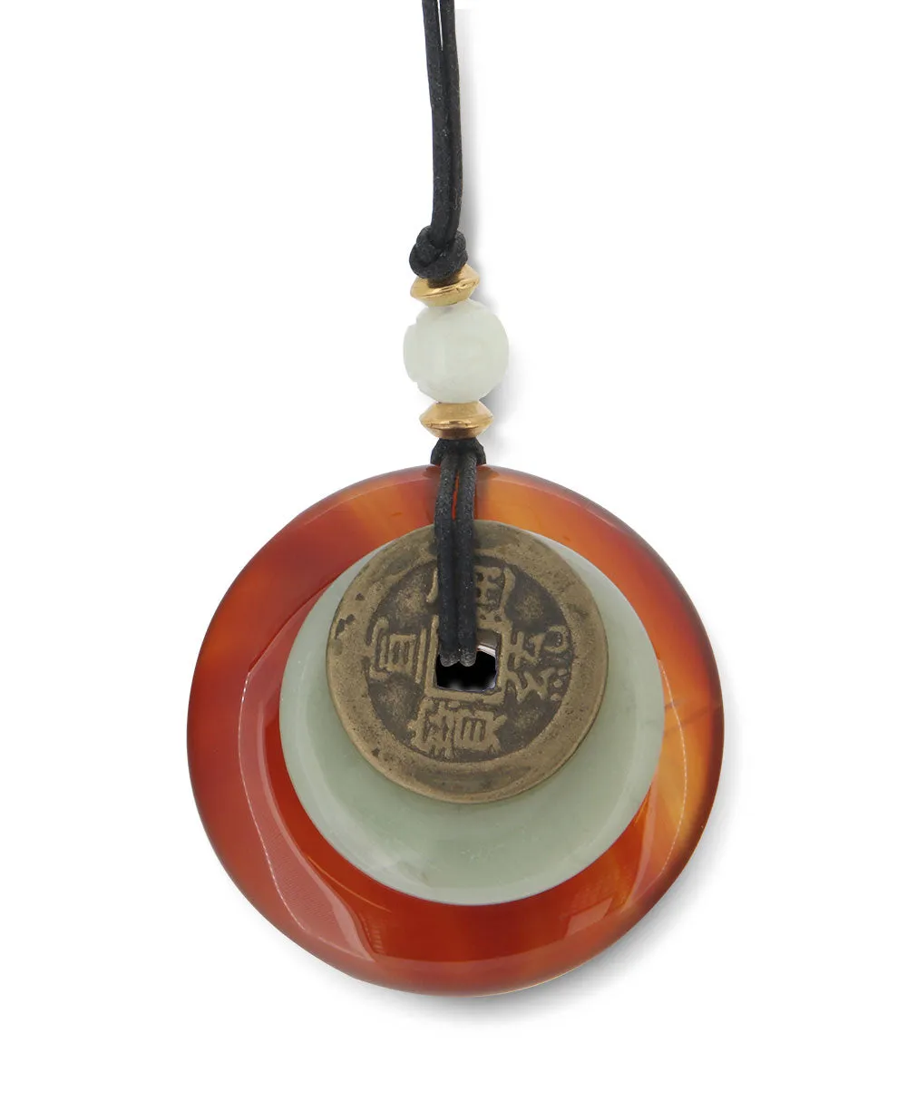 Carnelian Multi Disc with Ancient I-Ching Coin Pendant Necklace