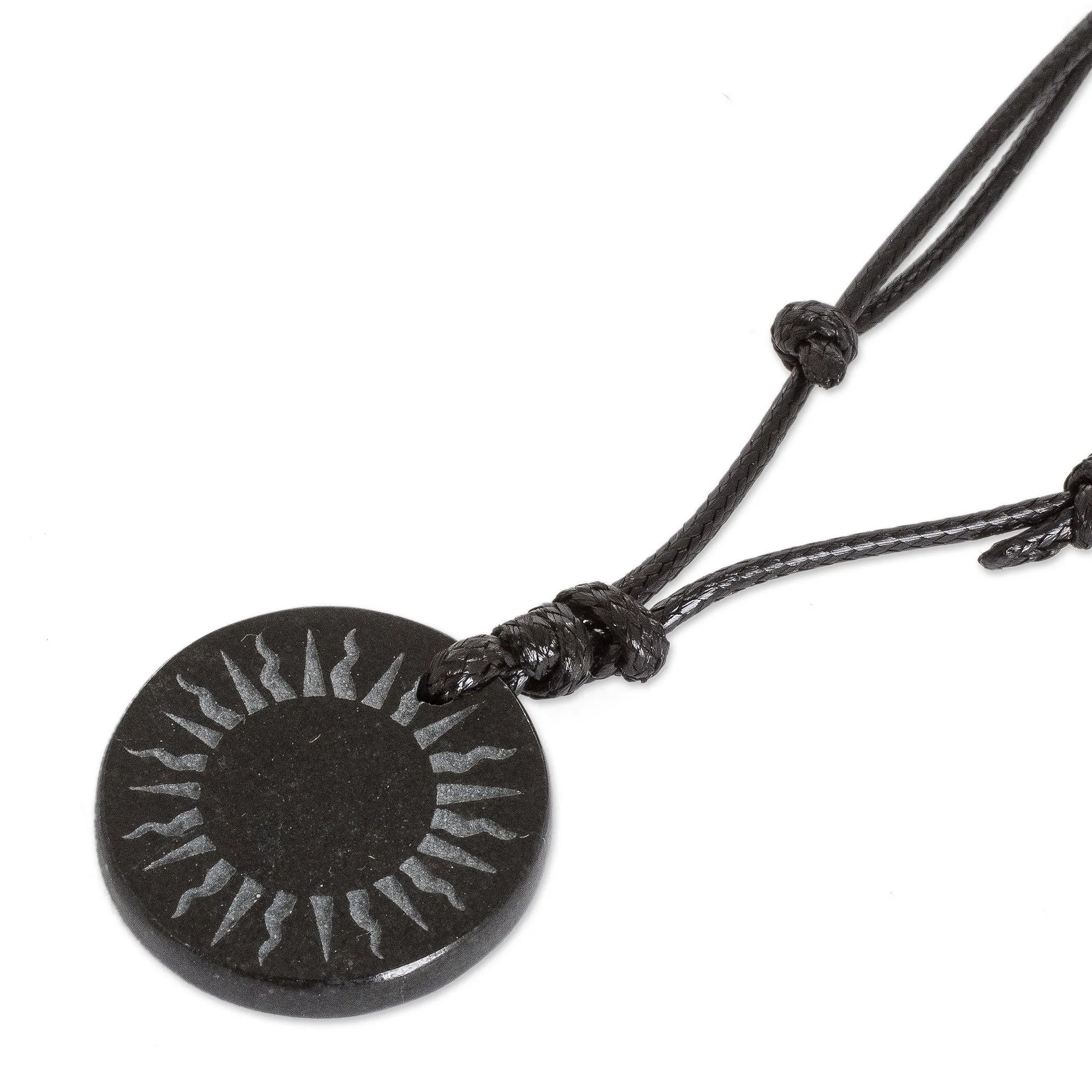 Carved Sun on Black Jade Round Pendant Cord Necklace - Total Eclipse | NOVICA