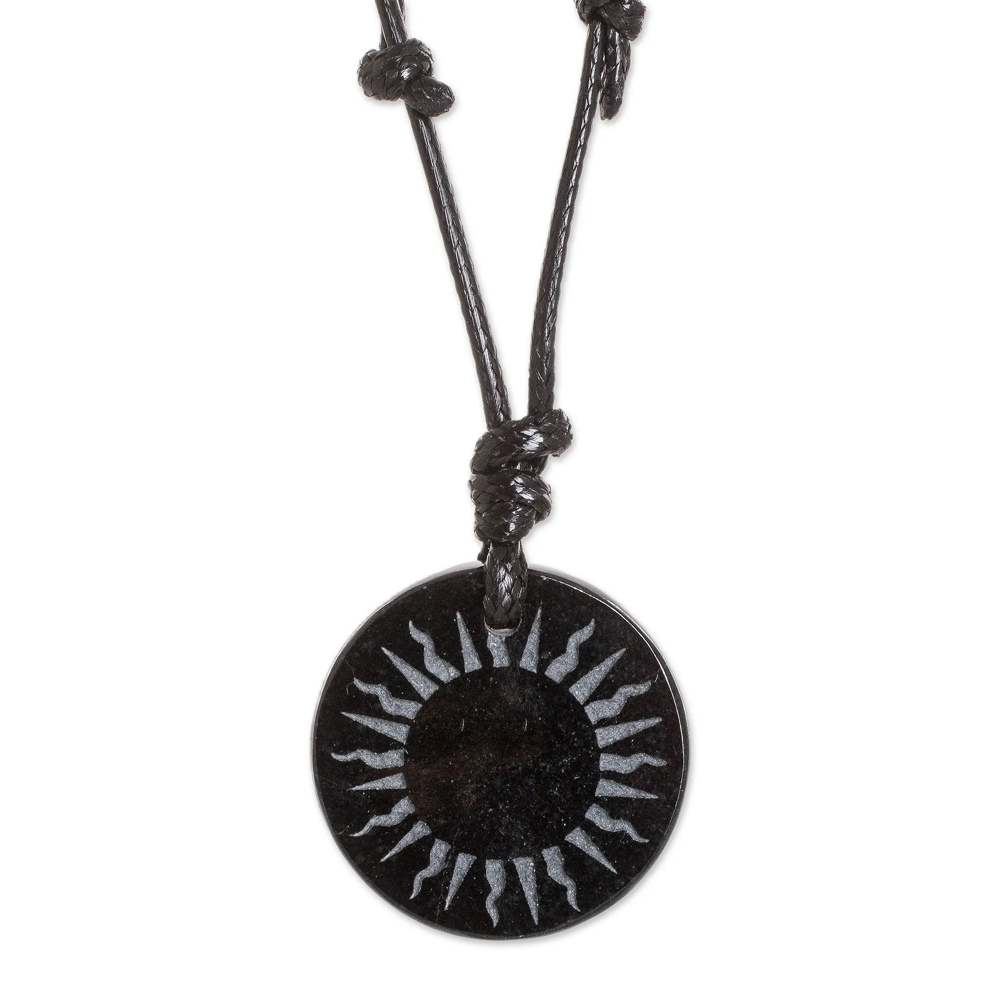 Carved Sun on Black Jade Round Pendant Cord Necklace - Total Eclipse | NOVICA