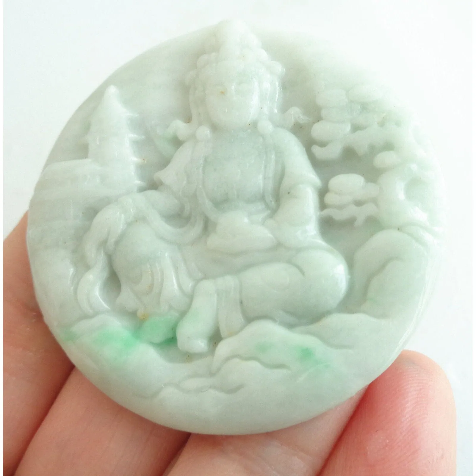 Certified Green A Jadeite Guanyin Kwan Yin God Landscape Painting Pendant Necklace