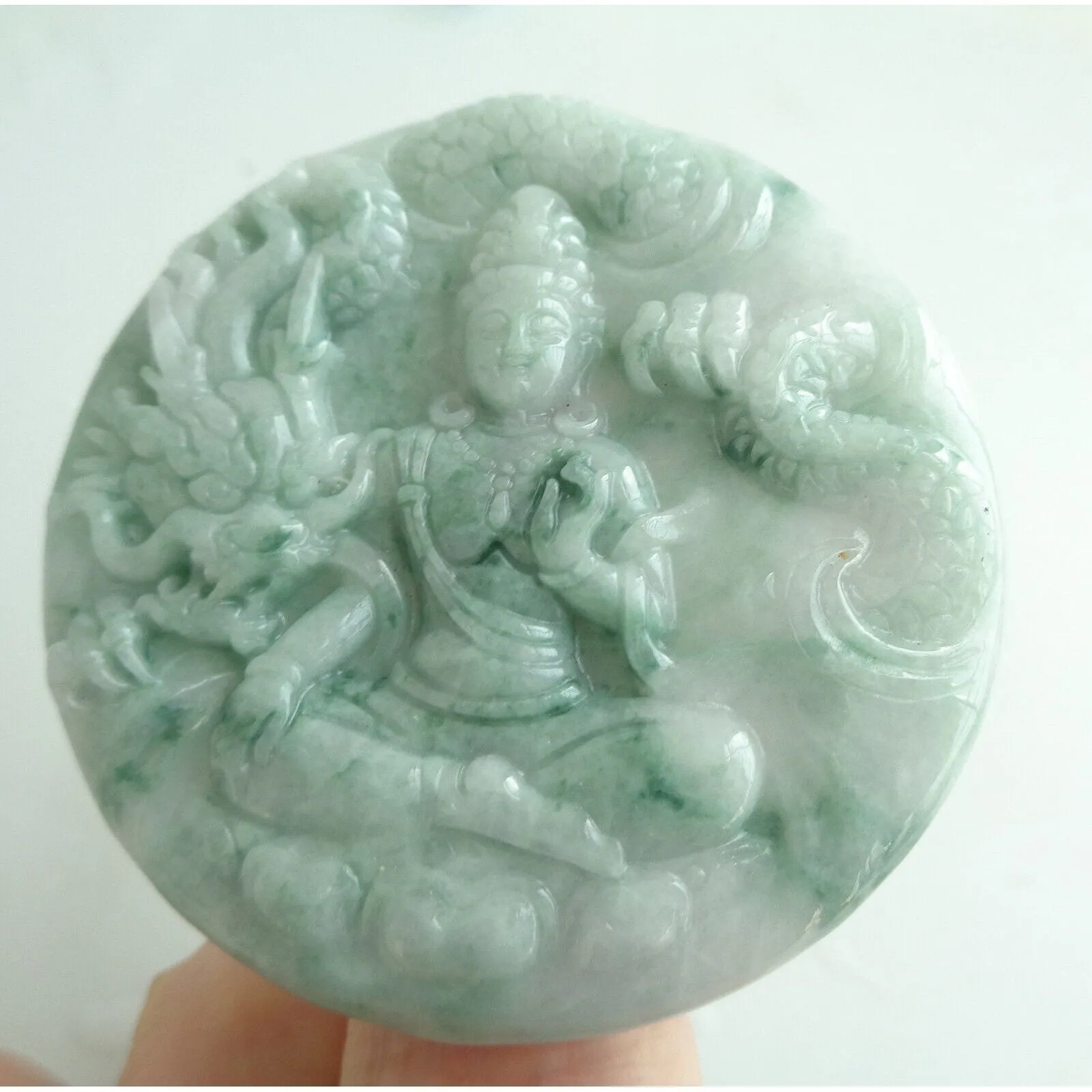 Certified Green Natural A Jade Jadeite Carved Dragon Kwan Yin Pendant Necklace