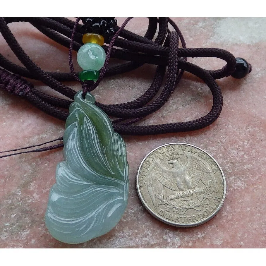 Certified Green Yellow Natural A Jade Nine Tail Fox Kitsune Pendant Necklace