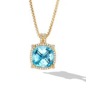 Chatelaine Pavé Bezel Pendant Necklace in 18K Yellow Gold with Blue Topaz and Diamonds, 14mm