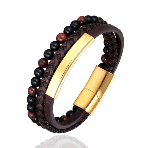 Classy Men Brown 3-Layer Beaded Leather Bracelet | 3 Styles