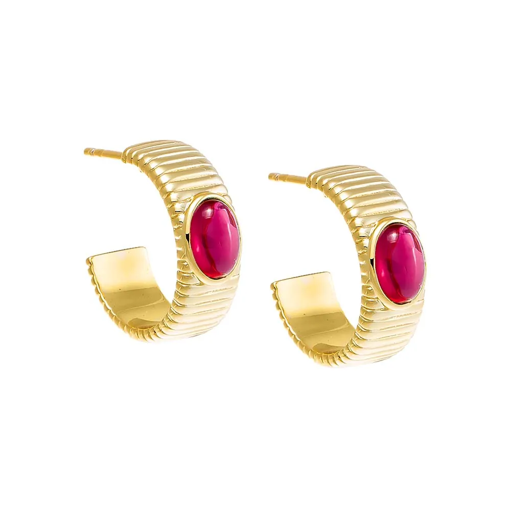 Colored Stone Ridged Hoop Earring