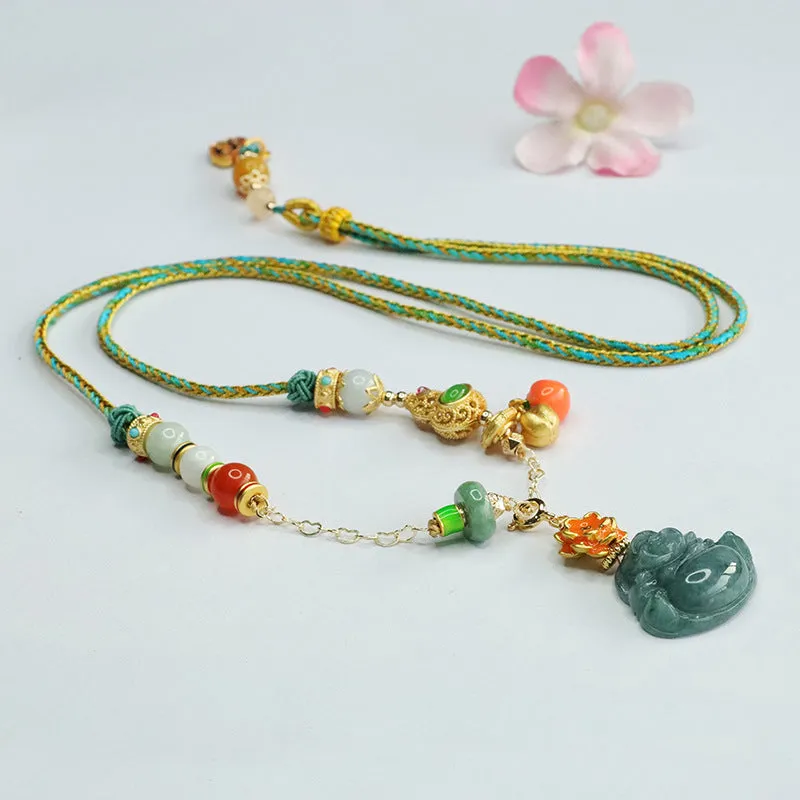 Colorful Lotus Maitreya Buddha Necklace with Natural Jade Stone