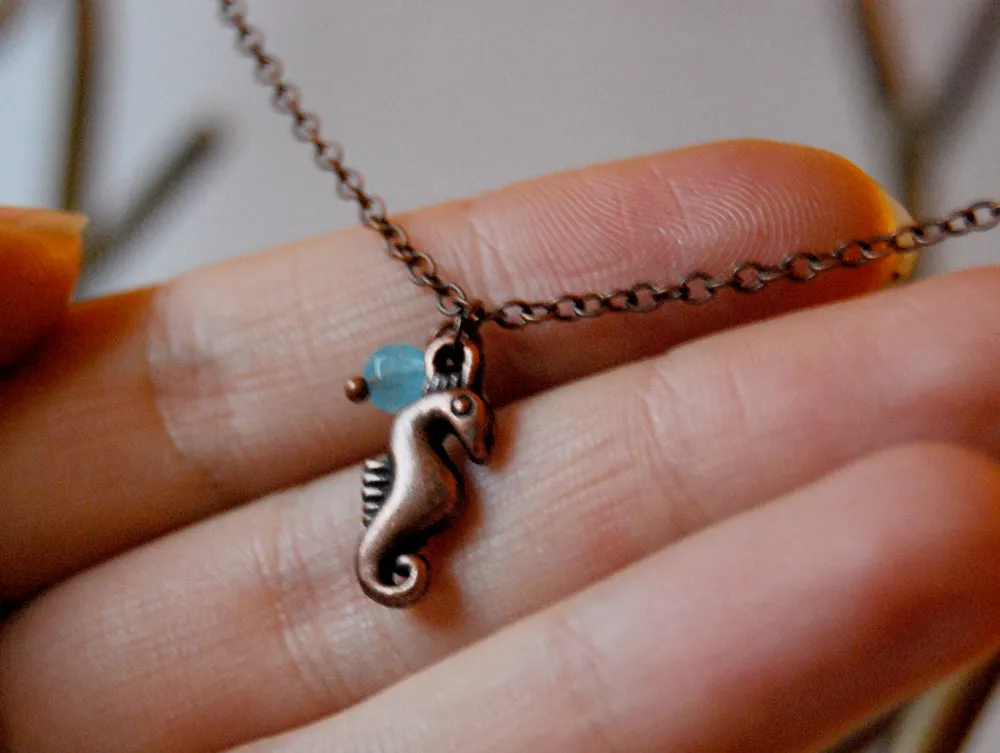 Copper Seahorse Necklace | Cute Sea Horse Charm Jewelry | Ocean Jewelry