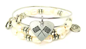 Crossed Race Flags In A Heart Fresh Water Pearls Expandable Bangle Bracelet Set