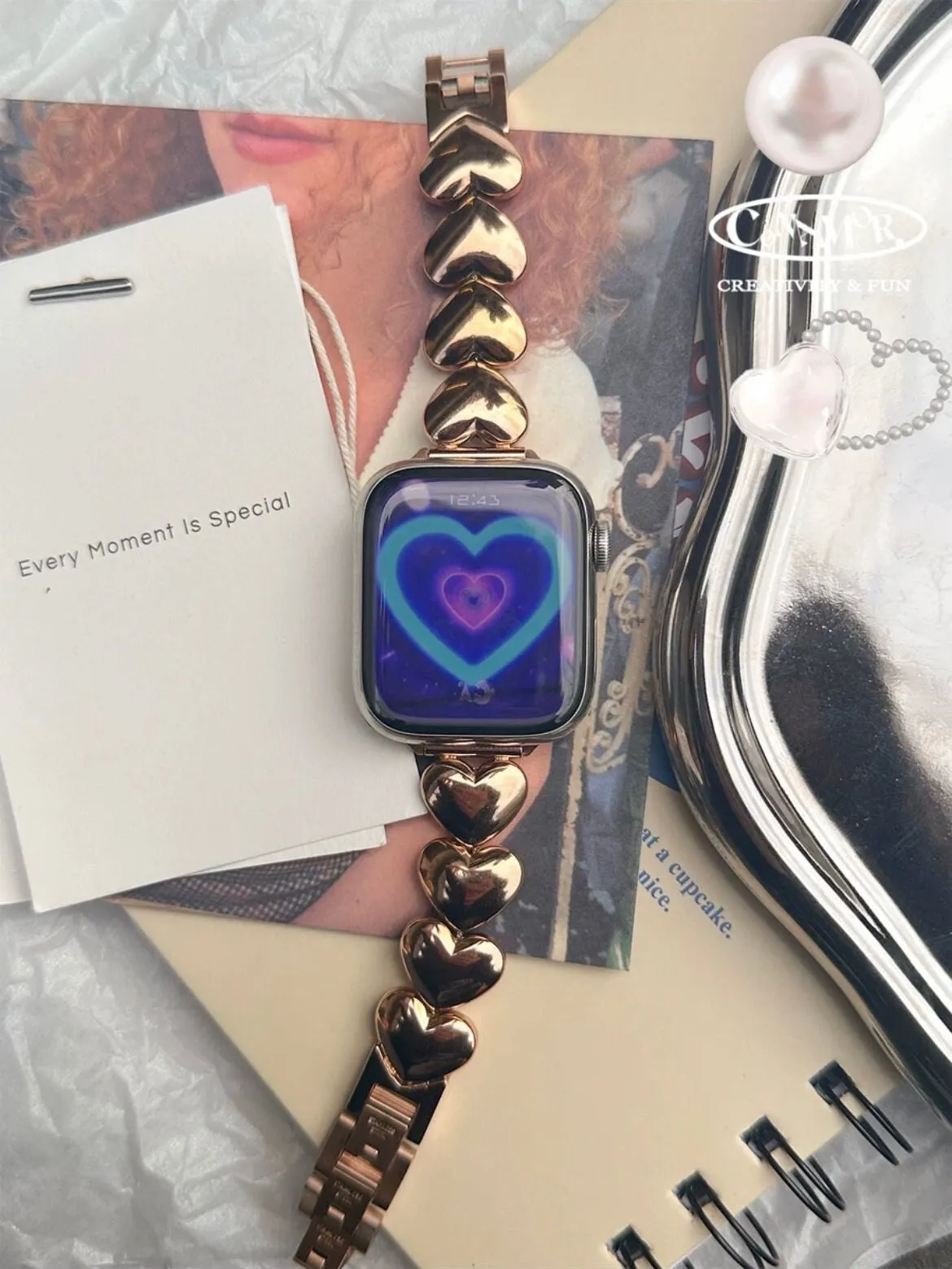 Cute Silver Heart Bracelet iWatch Band Series 1 2 3 4 5 6 7 8 9 Ultra Generation 38mm 40mm 41mm 42mm 44mm 45mm 49mm Chain Apple Watch Strap