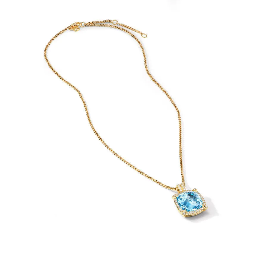 David Yurman Chatelaine Pave Bezel Pendant Necklace in 18K Yellow Gold with Blue Topaz and Diamonds, 14mm