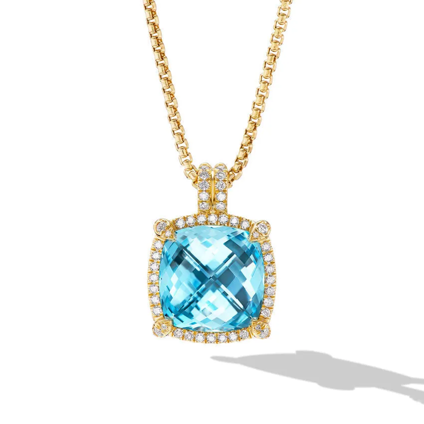 David Yurman Chatelaine Pave Bezel Pendant Necklace in 18K Yellow Gold with Blue Topaz and Diamonds, 14mm