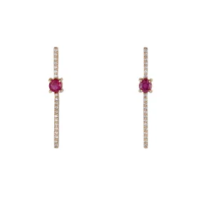 Diamond & Round Ruby Drop Bar Earrings