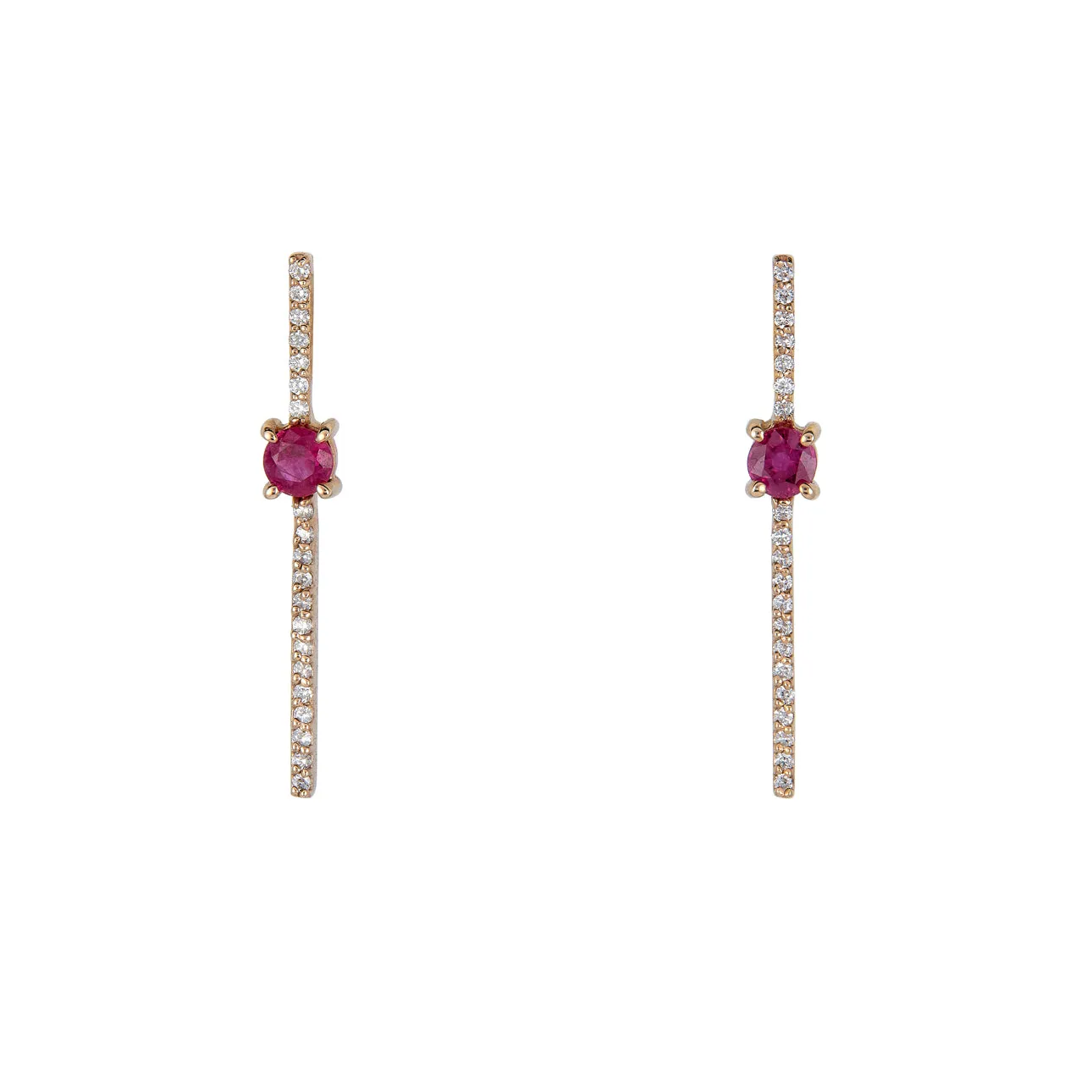 Diamond & Round Ruby Drop Bar Earrings