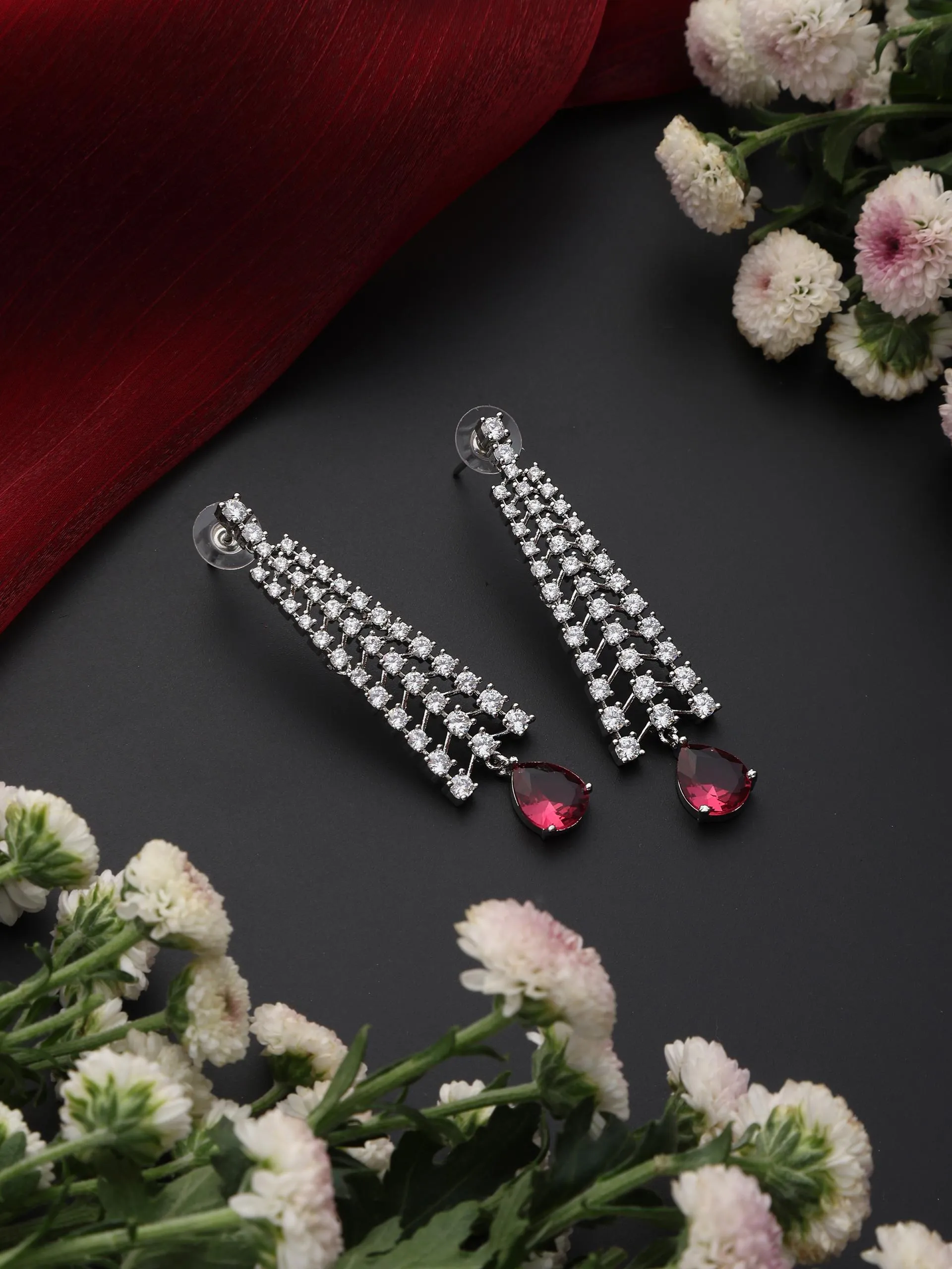 Diamond Lines With Ruby Drop Earring