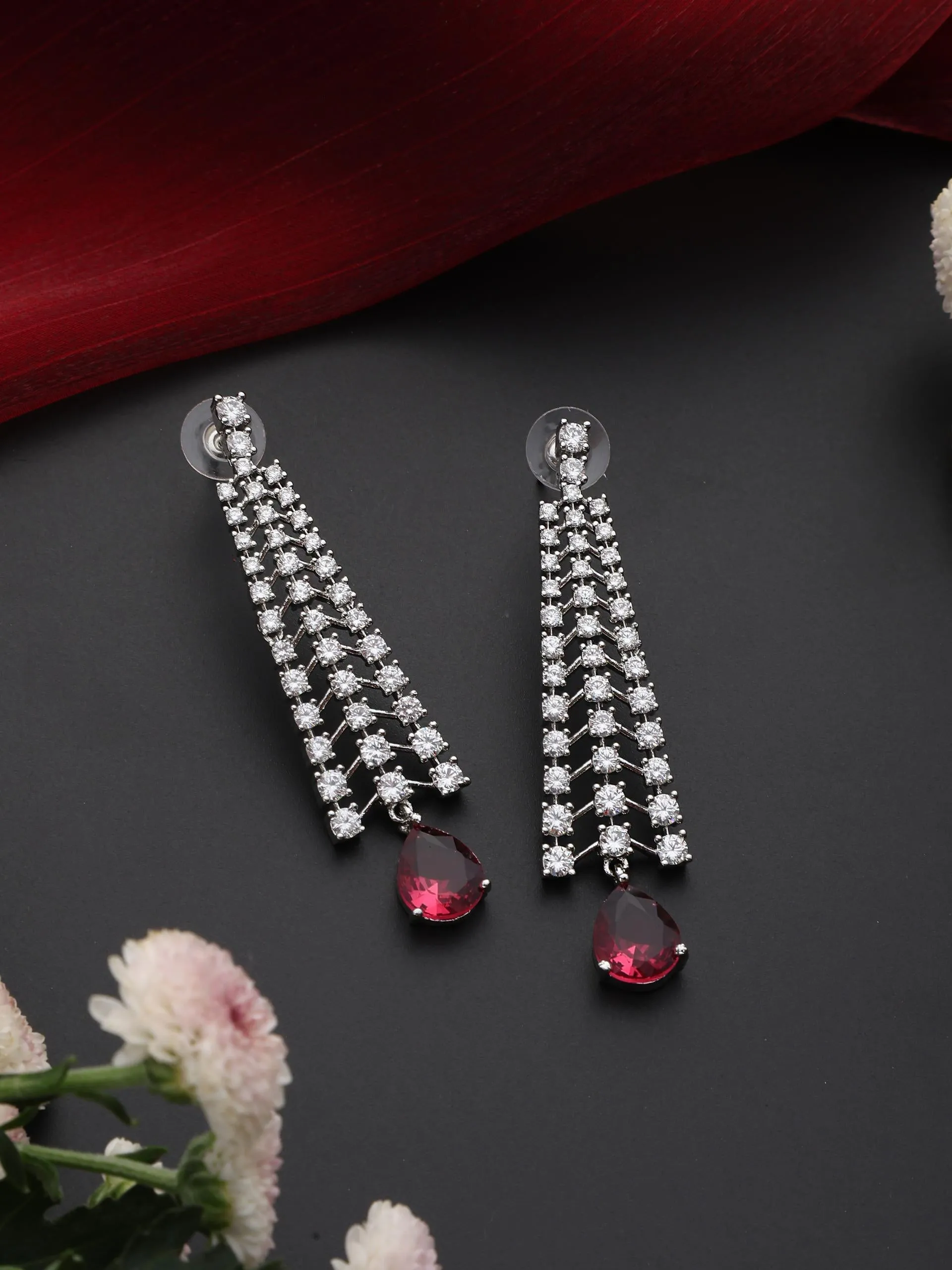 Diamond Lines With Ruby Drop Earring