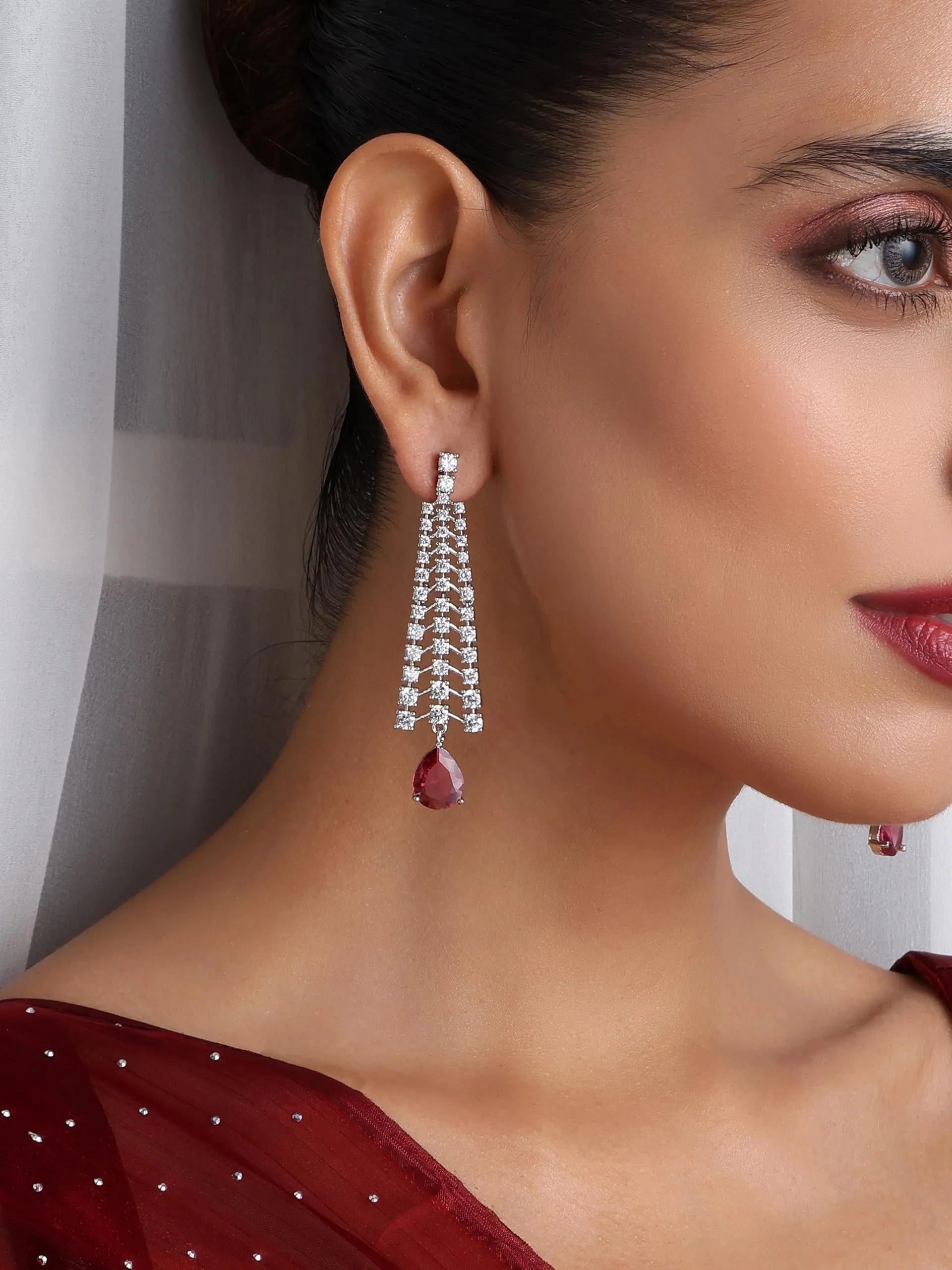 Diamond Lines With Ruby Drop Earring