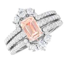 Emerald Cut Morganite Solitaire Trio Ring Set with Diamond