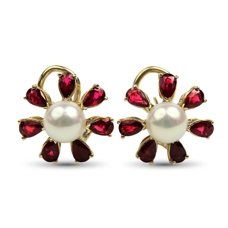 Estate 14K Yellow Gold Cultured Pearl and Ruby Sunburst Stud Earrings