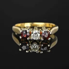 Estate Three Stone 14K Gold Diamond Garnet Ring