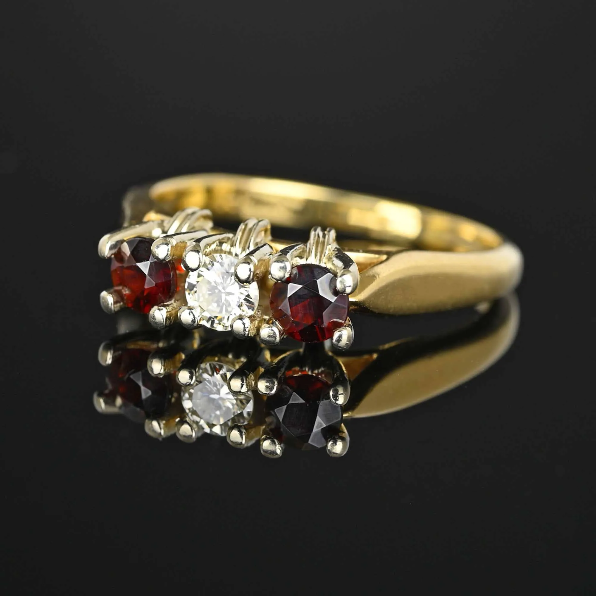 Estate Three Stone 14K Gold Diamond Garnet Ring