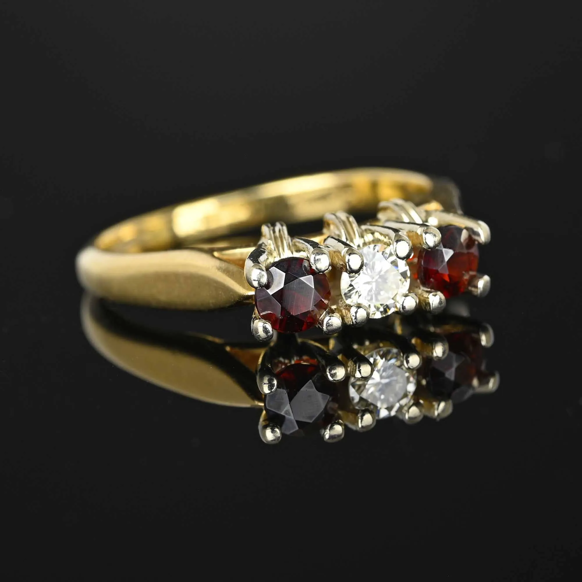 Estate Three Stone 14K Gold Diamond Garnet Ring