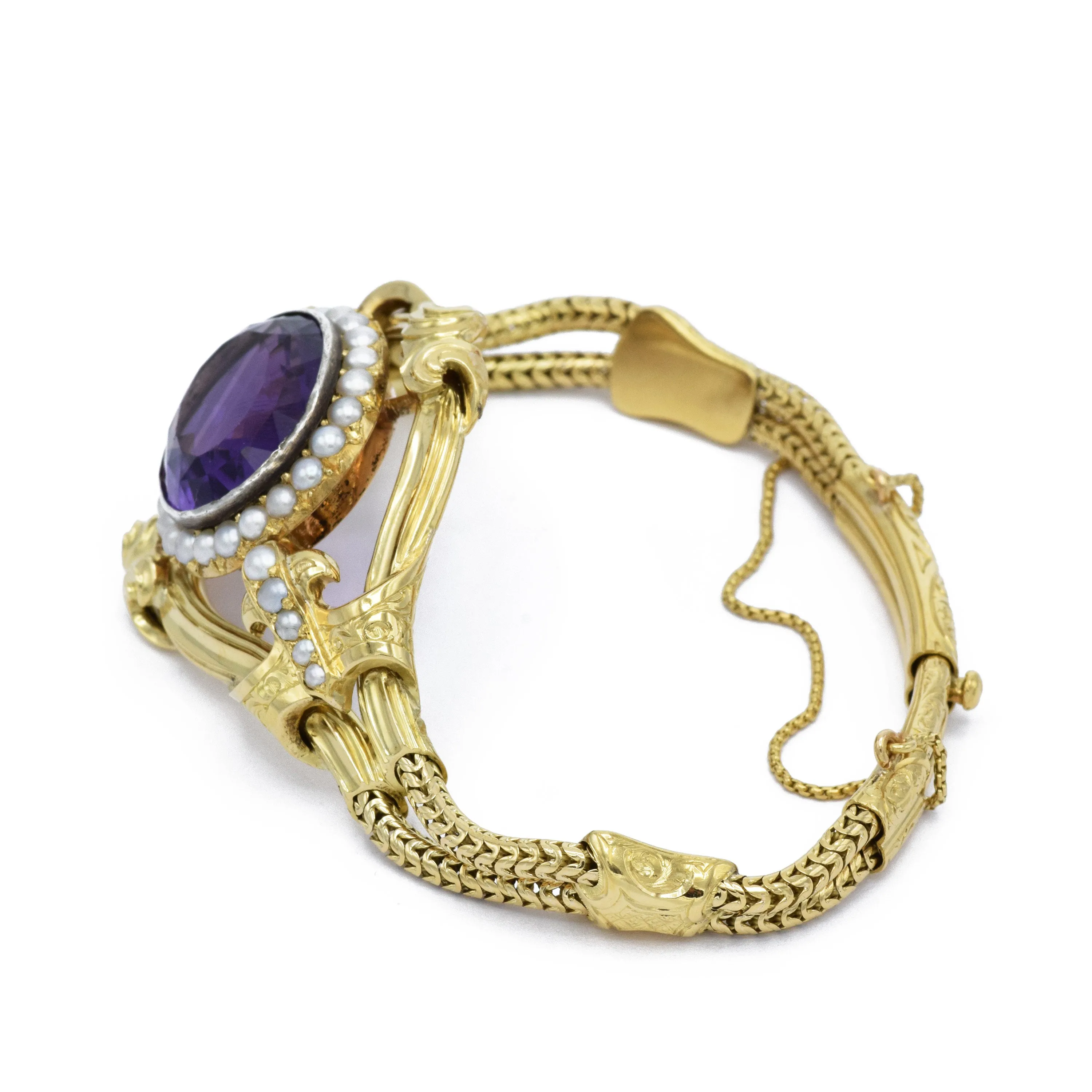 Estate Victorian Era 18KT Yellow Gold Amethyst And Pearl Bracelet