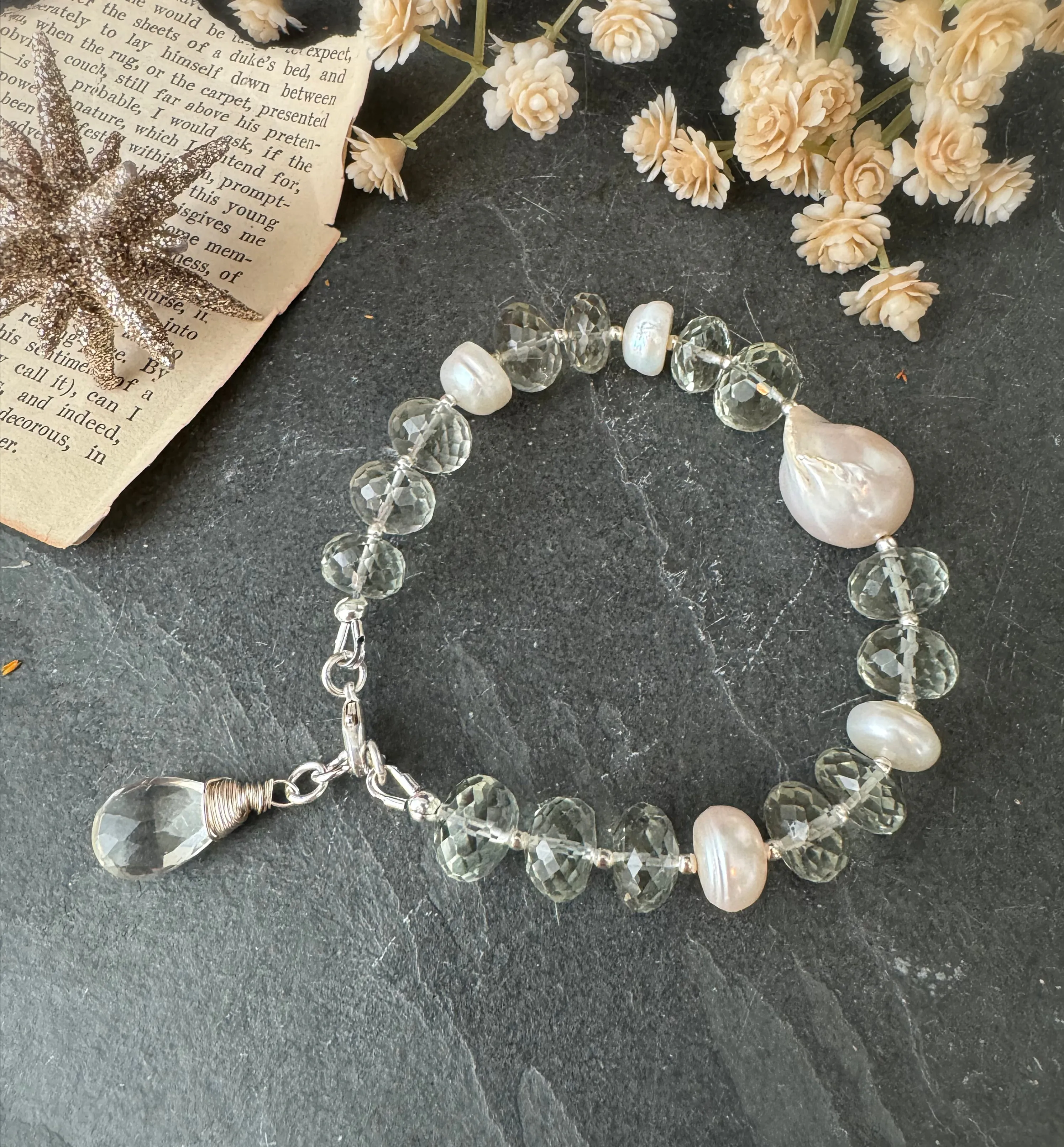 Faceted green amethyst, baroque pearls, sterling silver, bracelet