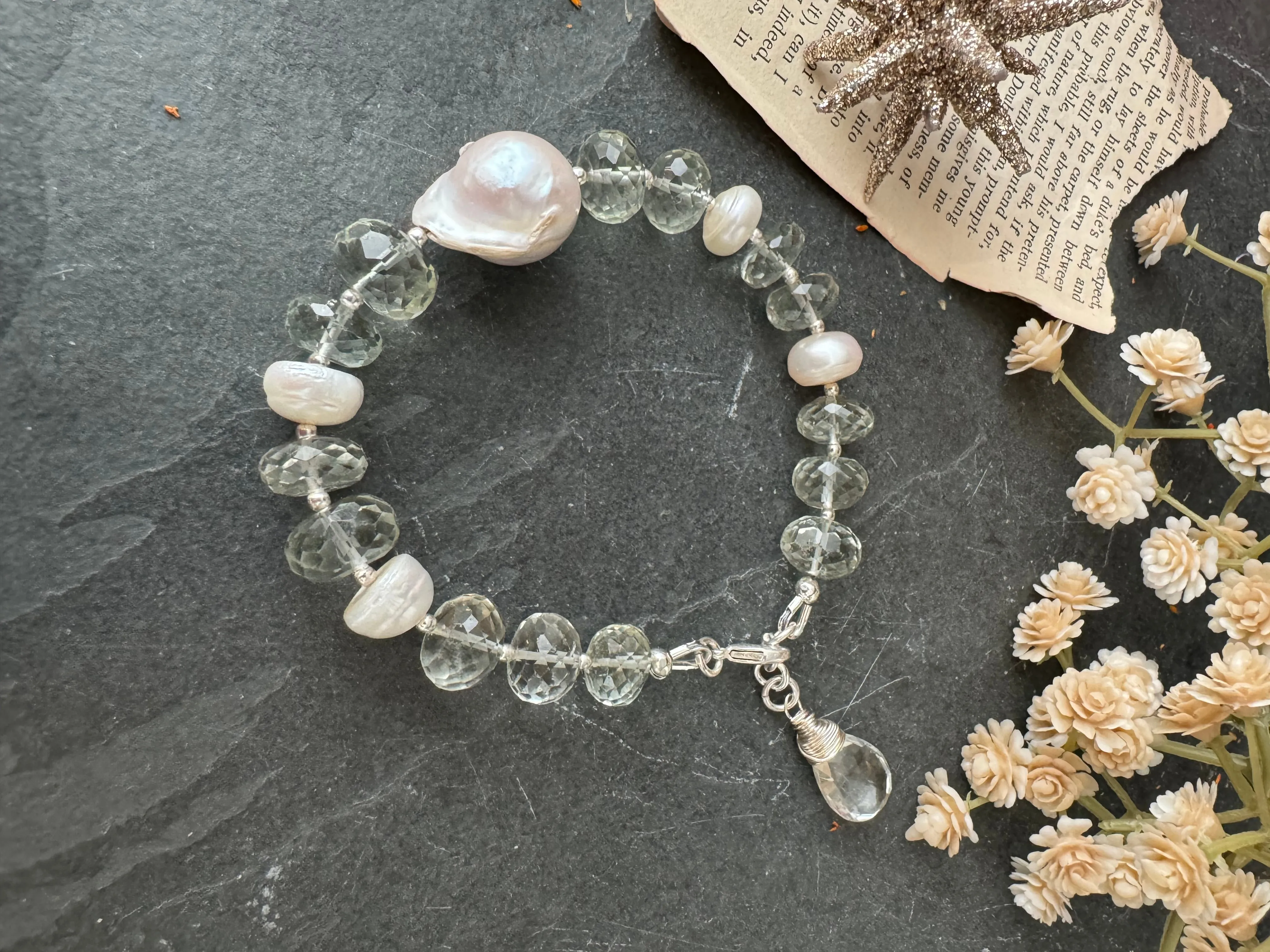 Faceted green amethyst, baroque pearls, sterling silver, bracelet