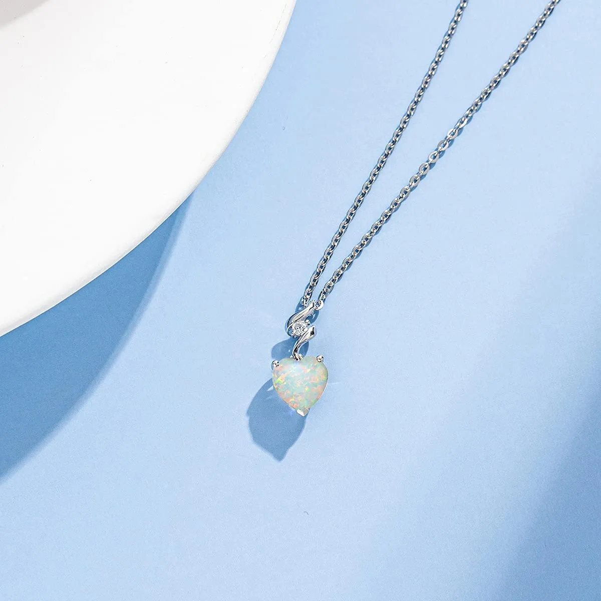 FANCIME Opal October Gemstone Heart Sterling Silver Necklace