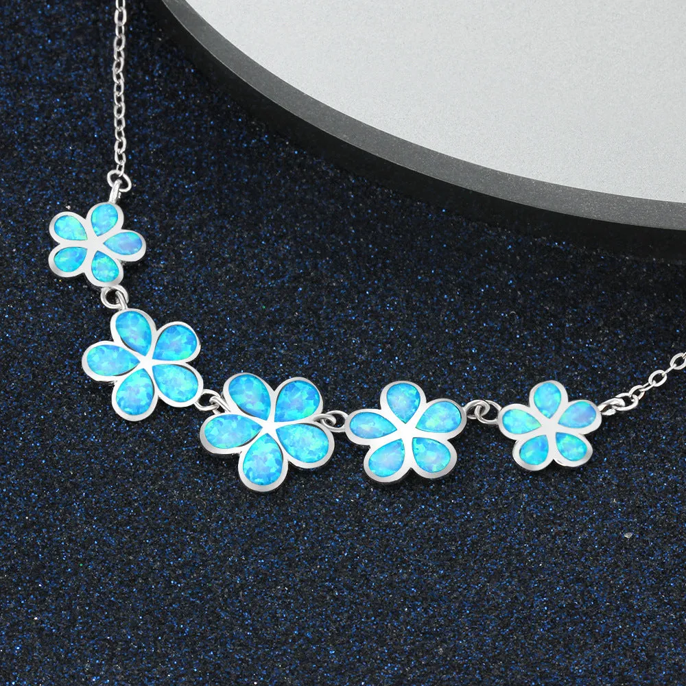 Five Blue Opal Flowers Sterling Silver Necklace