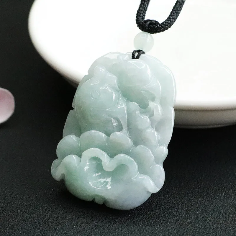 Fortunate Fish Lotus Leaf Myanmar Jade Pendant