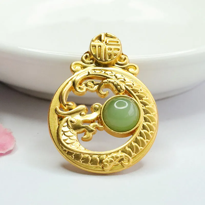 Fortune's Favor Genuine Hetian Jade Dragon Pendant with Jasper Bead