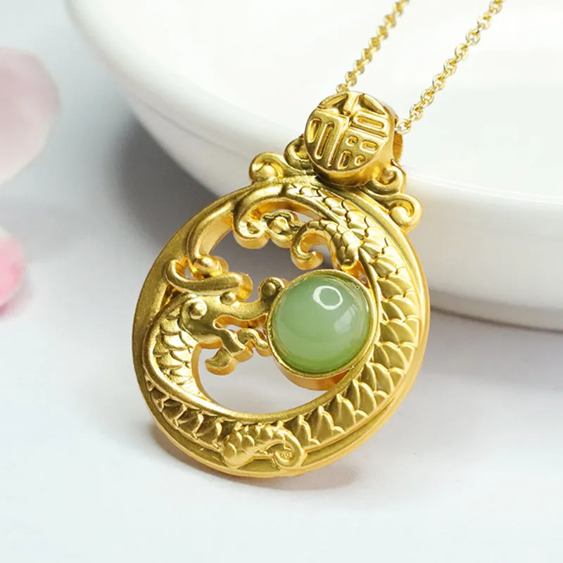 Fortune's Favor Genuine Hetian Jade Dragon Pendant with Jasper Bead