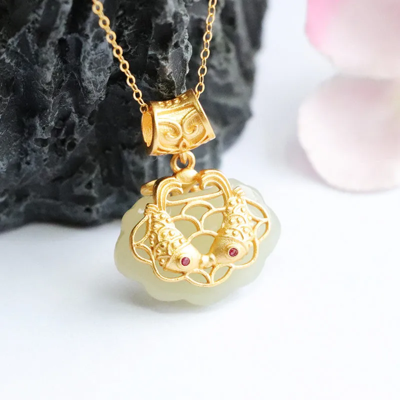 Fortune's Favor Sterling Silver Natural Hetian Jade White Ruyi Golden Koi Fish Necklace