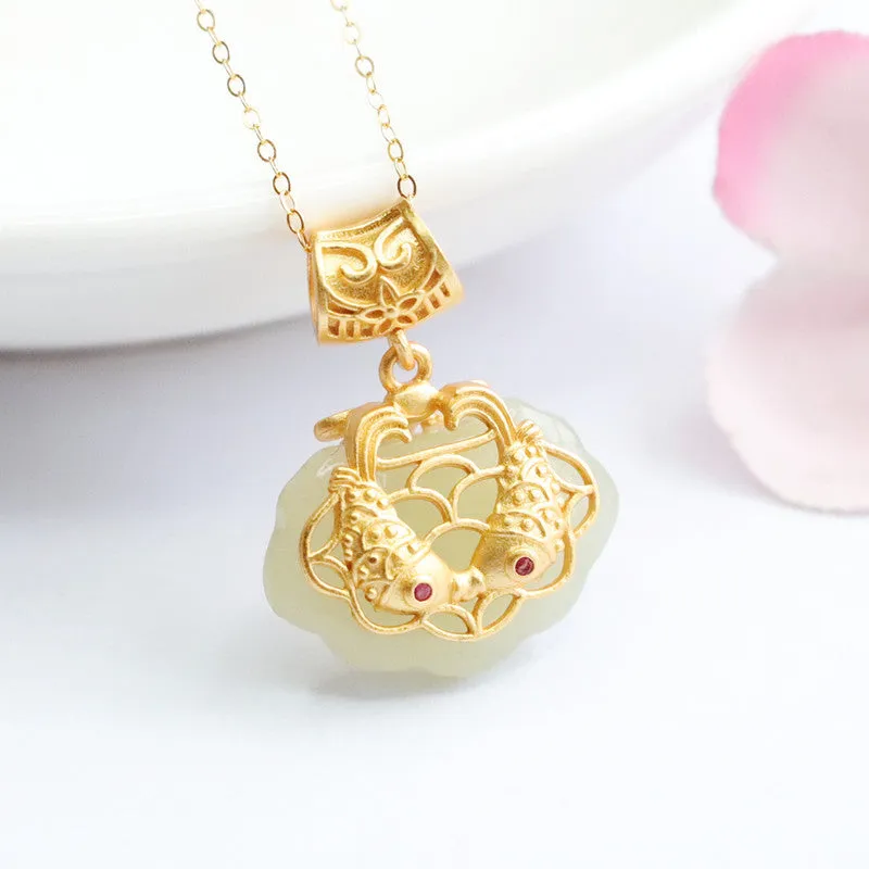 Fortune's Favor Sterling Silver Natural Hetian Jade White Ruyi Golden Koi Fish Necklace