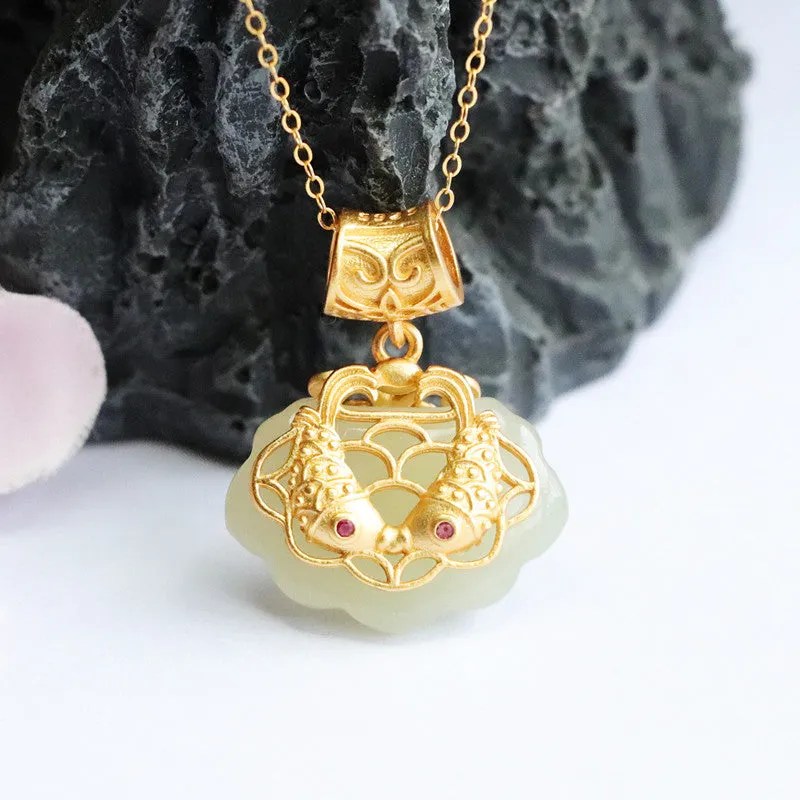 Fortune's Favor Sterling Silver Natural Hetian Jade White Ruyi Golden Koi Fish Necklace