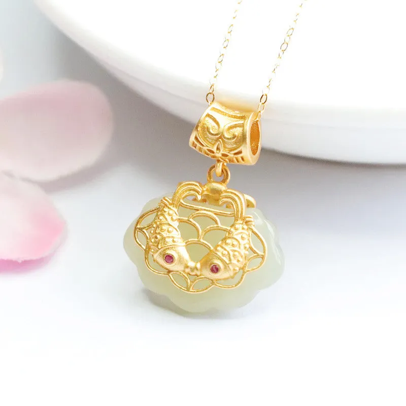 Fortune's Favor Sterling Silver Natural Hetian Jade White Ruyi Golden Koi Fish Necklace