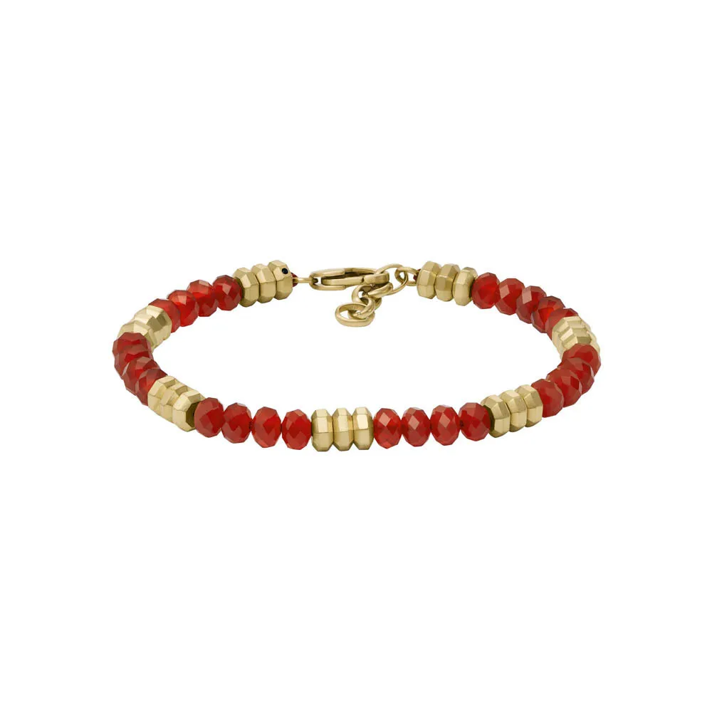 Fossil Gold Plated Stainless Steel Jewelry Red Agate Beaded Bracelet