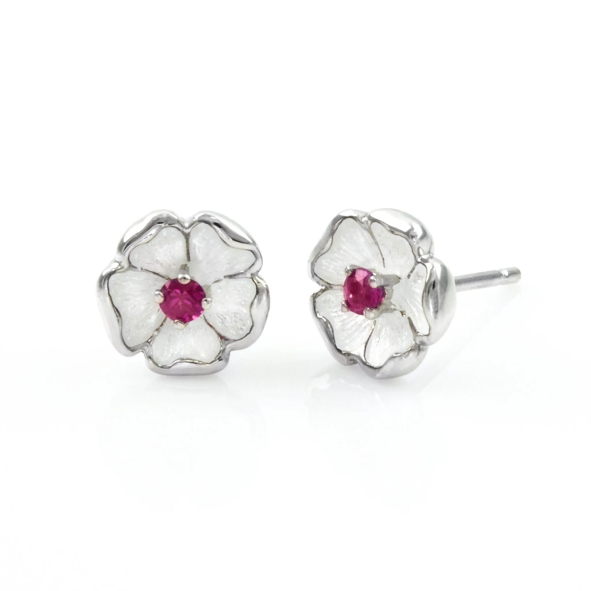 French Enamel and Ruby Flower Earrings