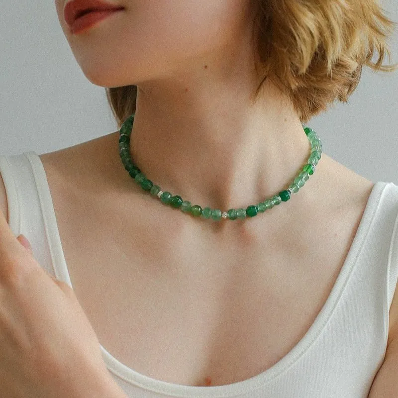 Fresh Green Strawberry Quartz Gemstone Beaded Necklace