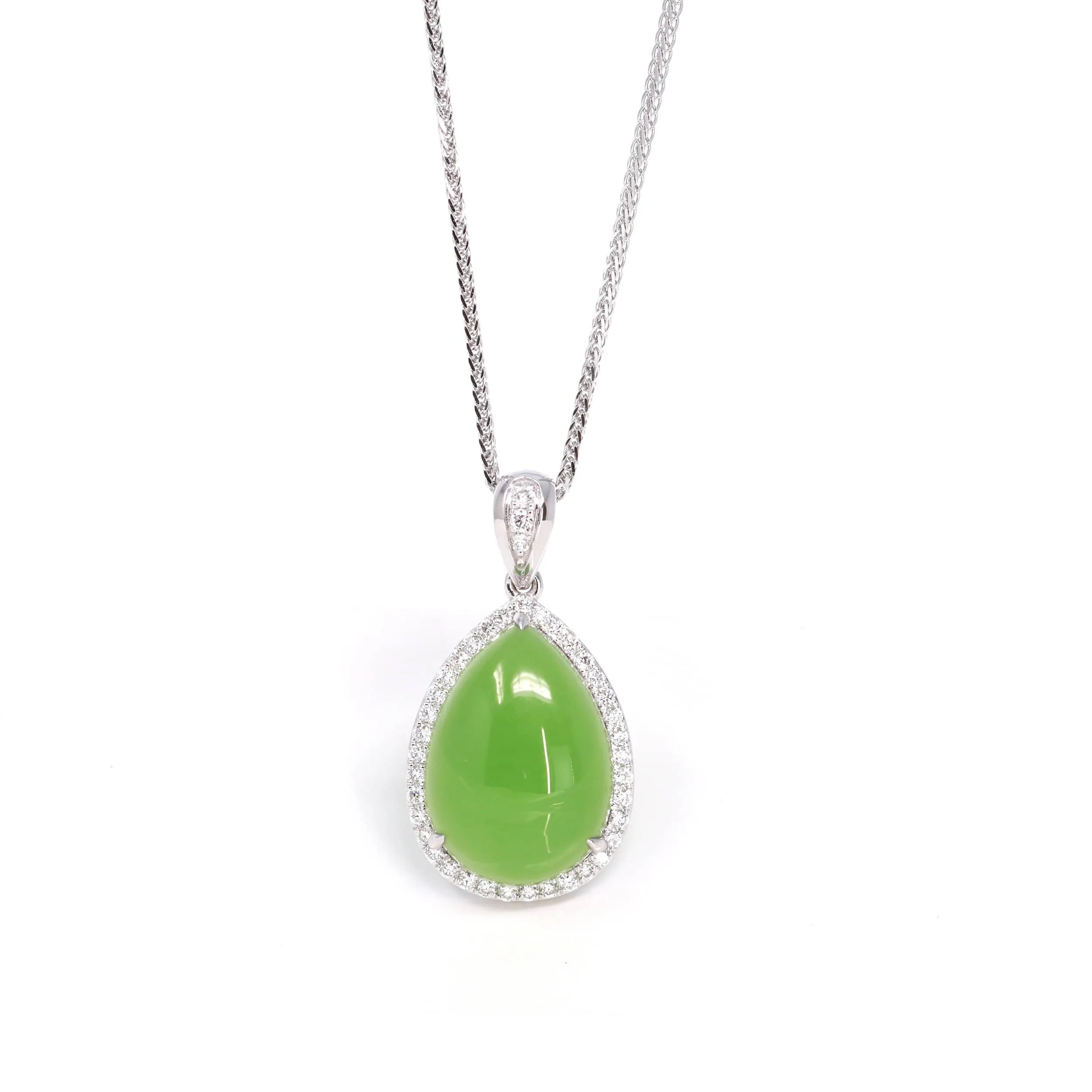 Genuine Green Nephrite Apple Green Jade Tear Drop Pendant Necklace With VS1 Diamond