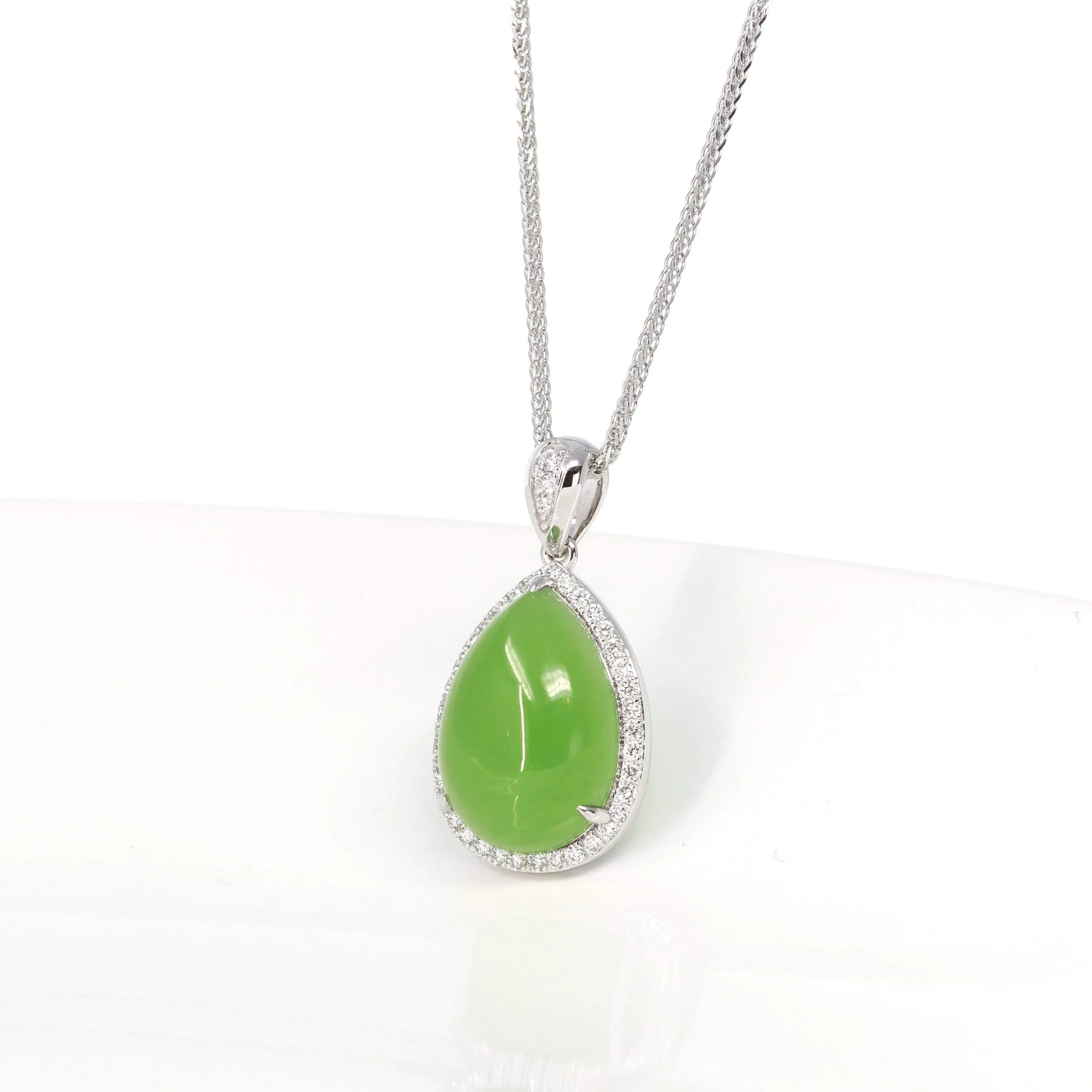 Genuine Green Nephrite Apple Green Jade Tear Drop Pendant Necklace With VS1 Diamond