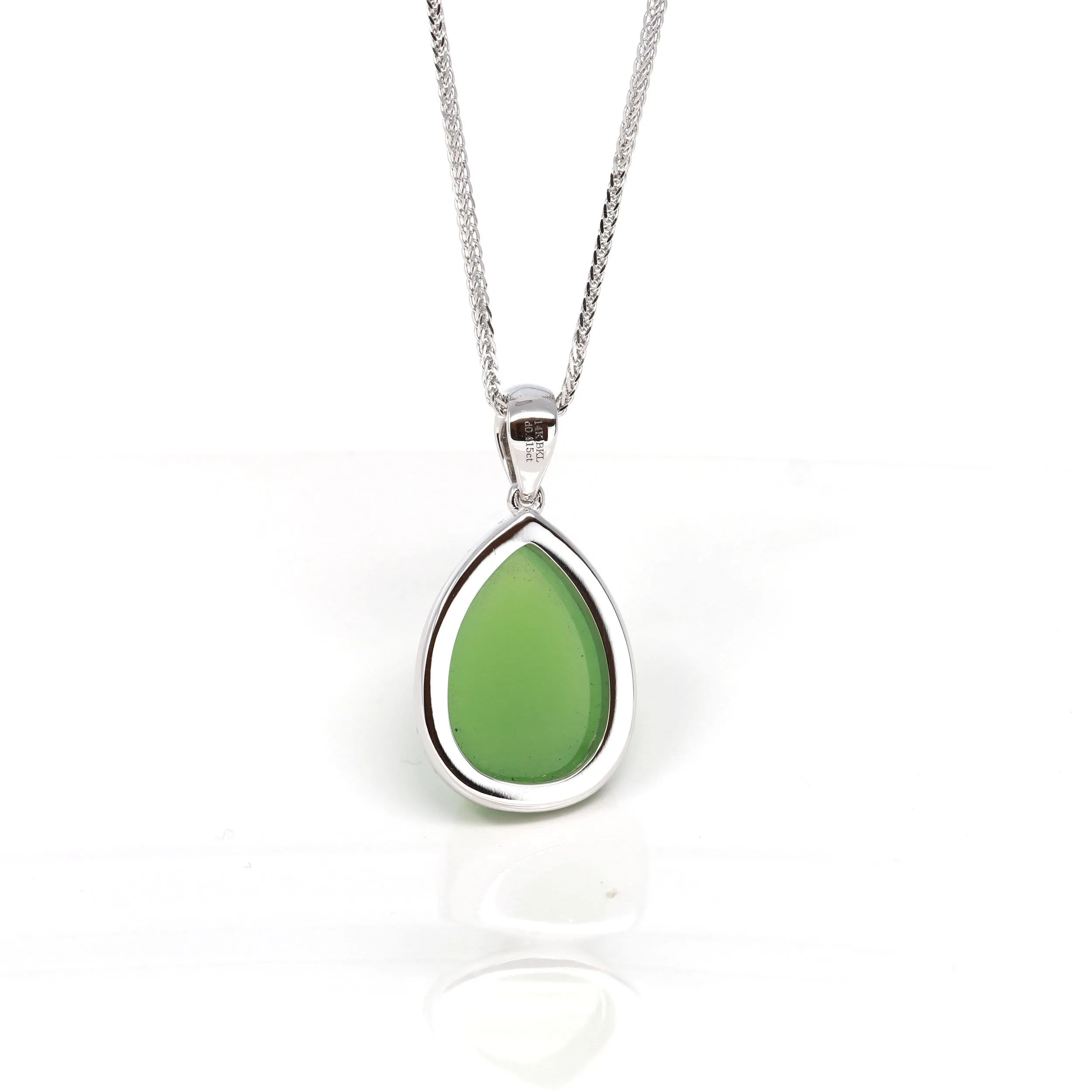 Genuine Green Nephrite Apple Green Jade Tear Drop Pendant Necklace With VS1 Diamond