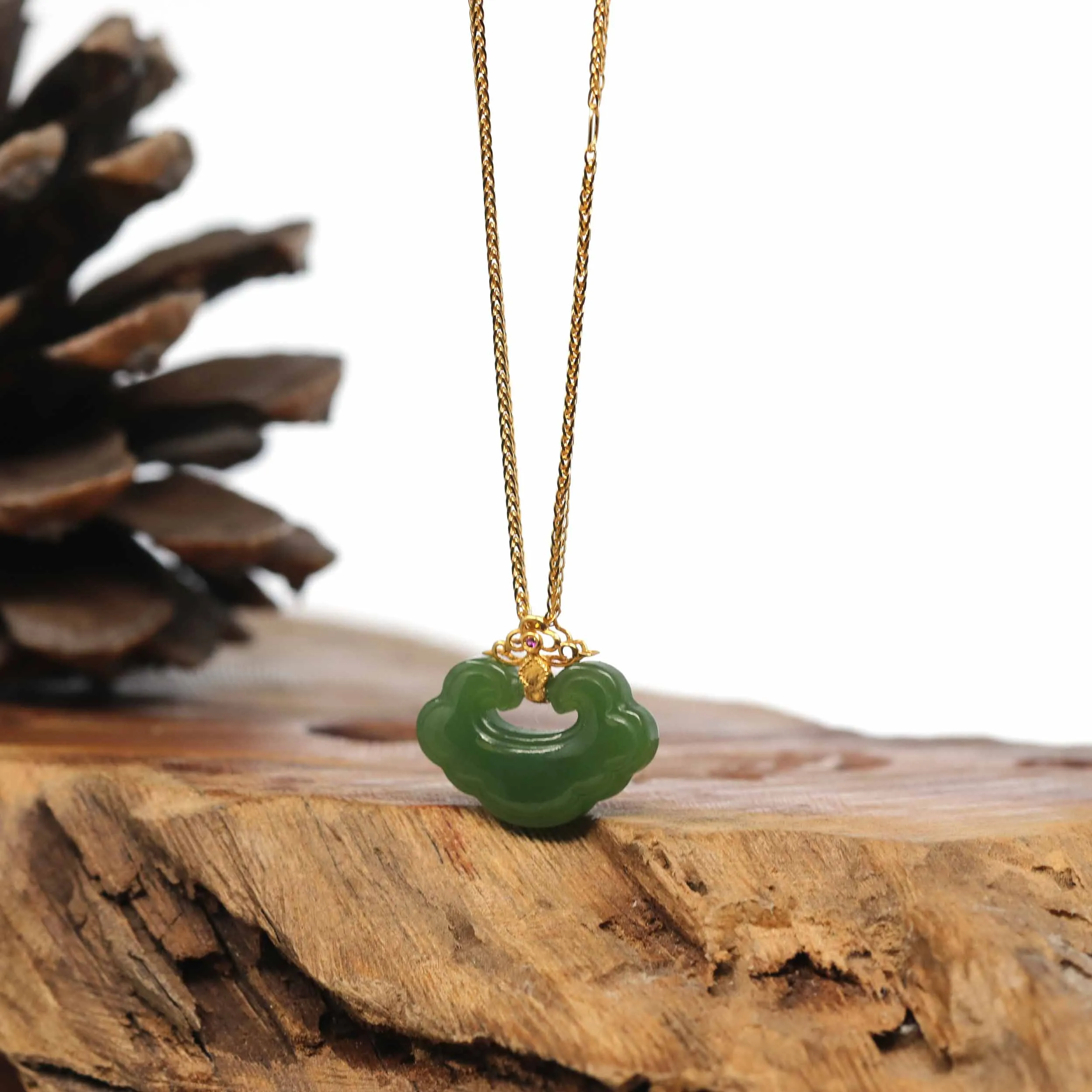 Genuine Green Nephrite Jade RuYi Pendant Necklace With 18k Gold Bail