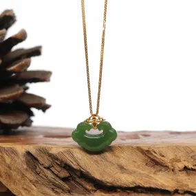 Genuine Green Nephrite Jade RuYi Pendant Necklace With 18k Gold Bail