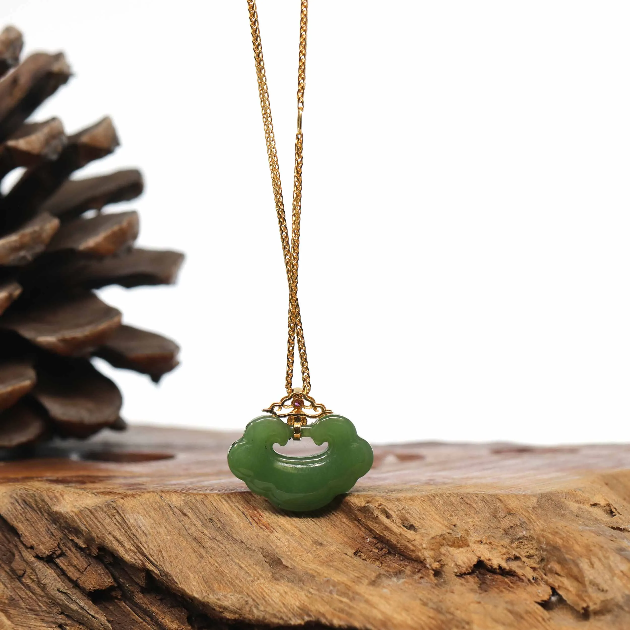 Genuine Green Nephrite Jade RuYi Pendant Necklace With 18k Gold Bail