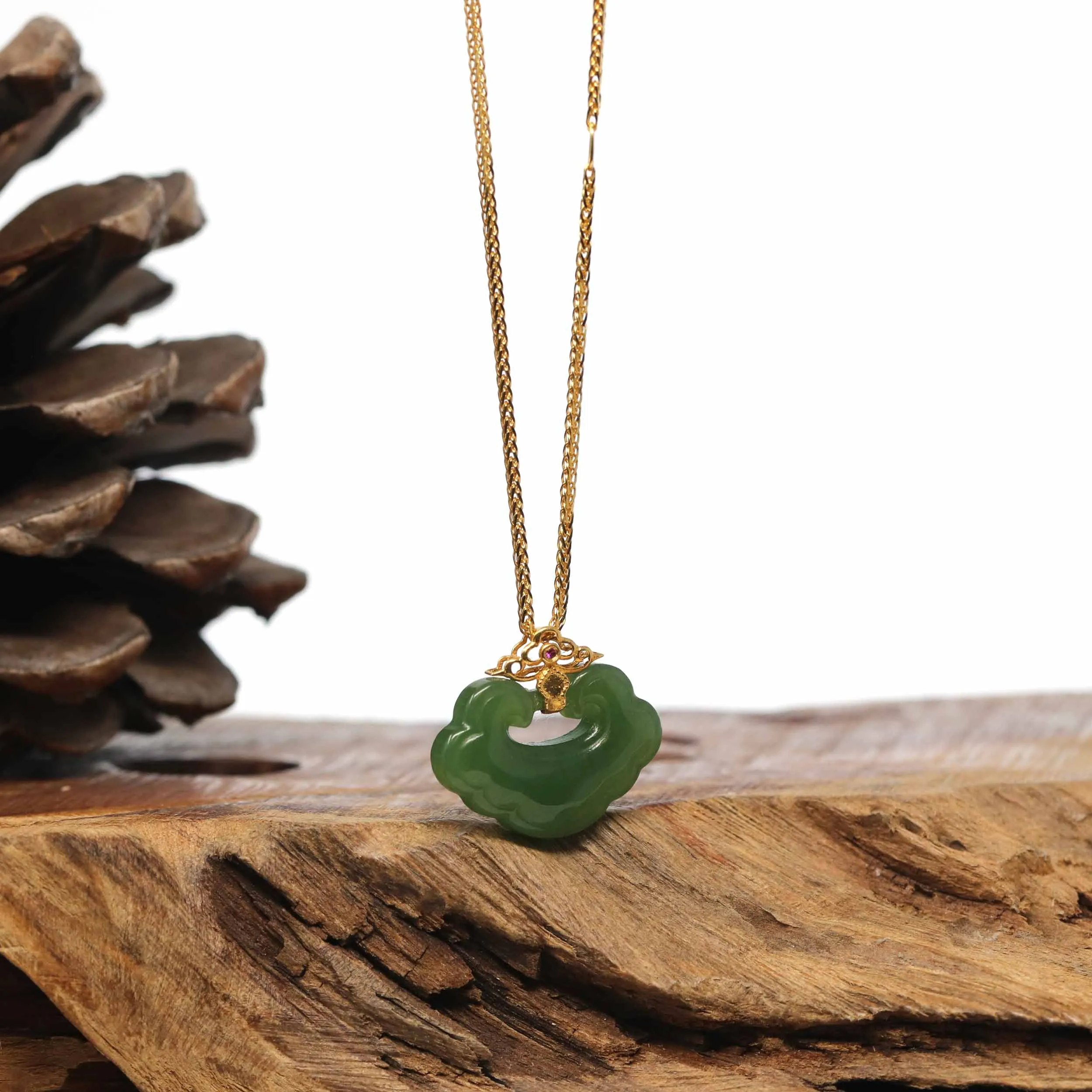 Genuine Green Nephrite Jade RuYi Pendant Necklace With 18k Gold Bail