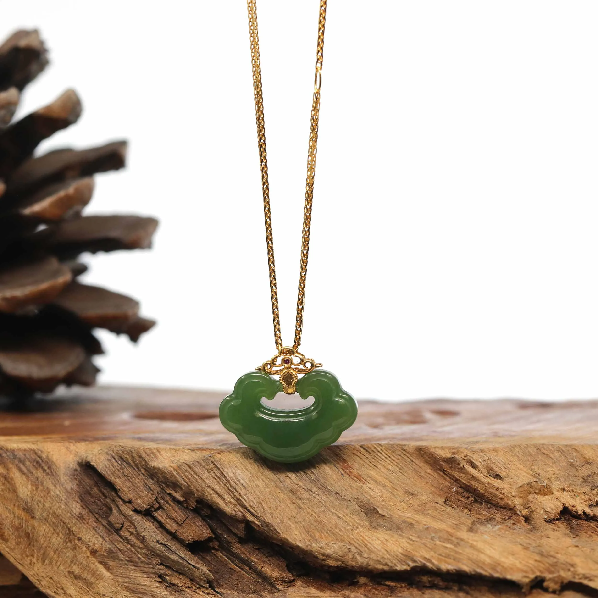 Genuine Green Nephrite Jade RuYi Pendant Necklace With 18k Gold Bail