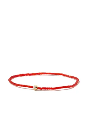 Gold Ball with White Diamond on Red Glass Bead Bracelet