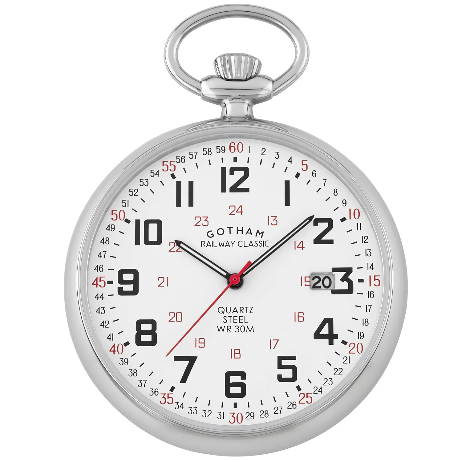 Gotham Men's Stainless Steel 30M WR Analog Quartz Date Railroad Pocket Watch # GWC14105S